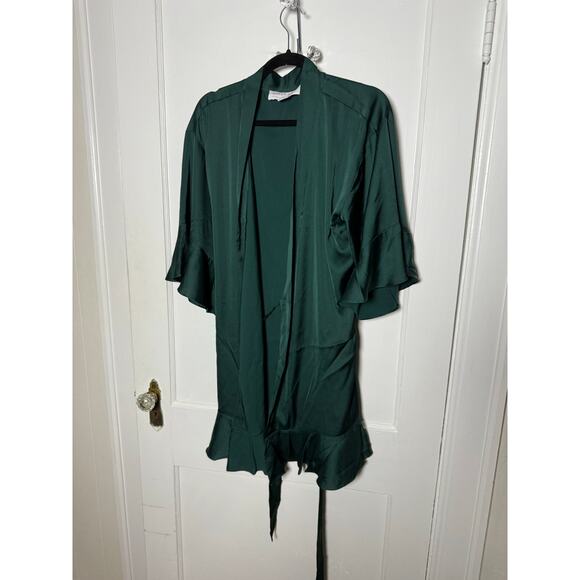 Birdy Grey Emerald Green Kenny Satin Ruffle Tie Short Robe Women's M/L NEW - Picture 1 of 9